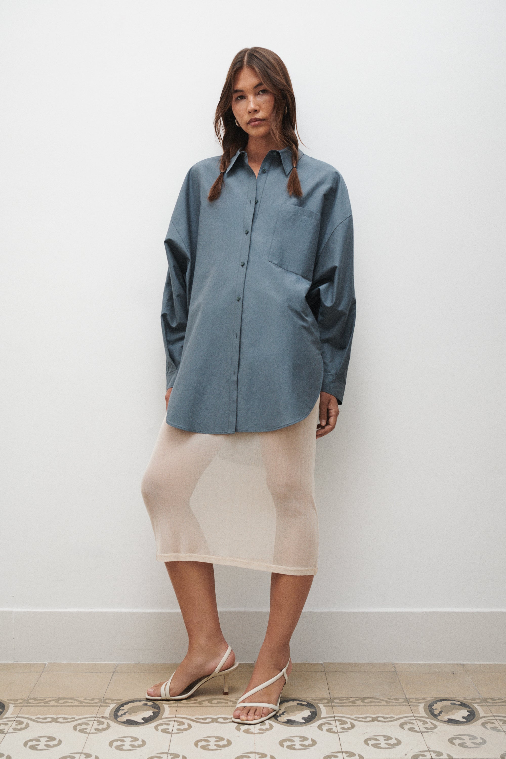 COTTON SILK ROUND SHIRT SLATE