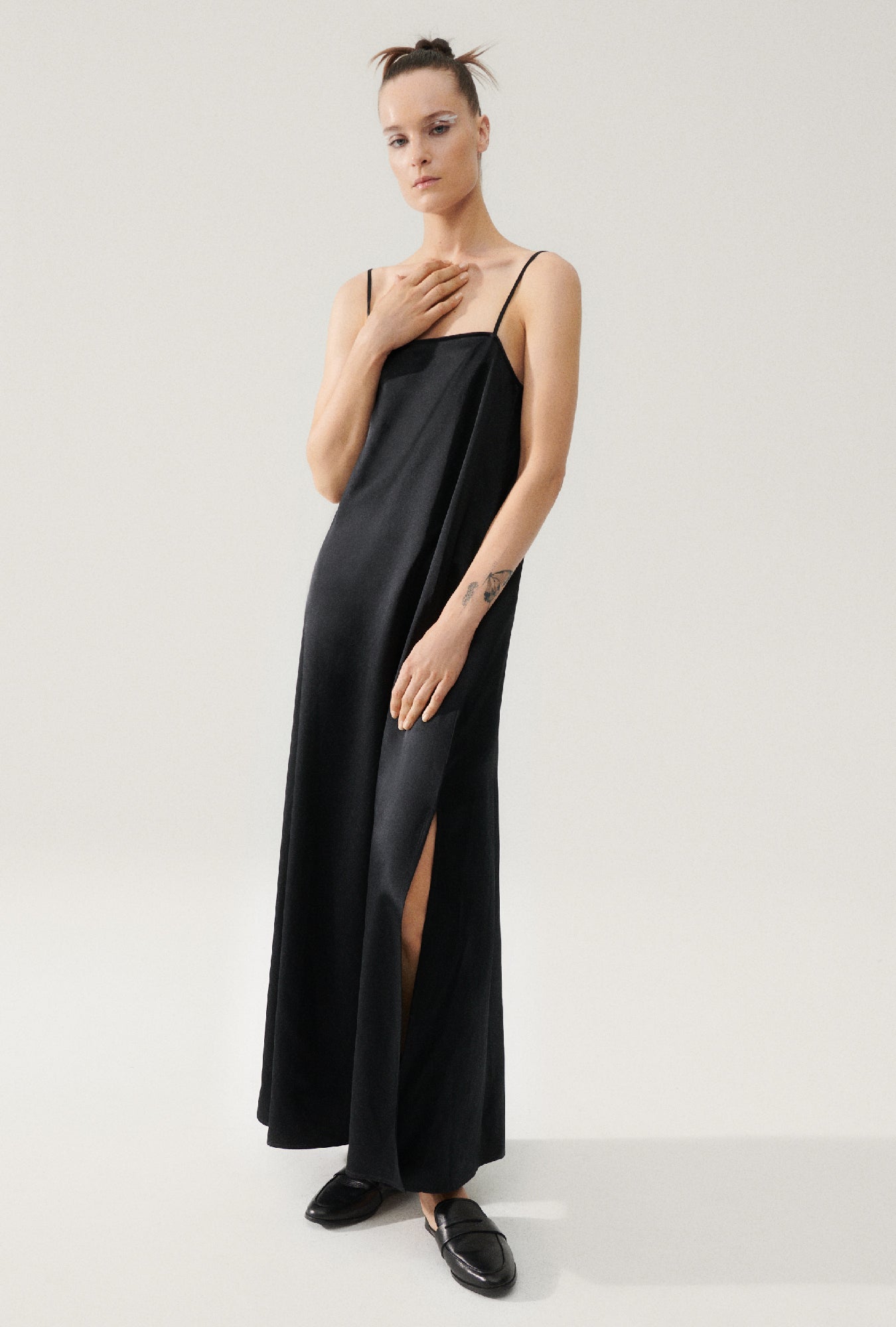 Black satin a line dress hotsell