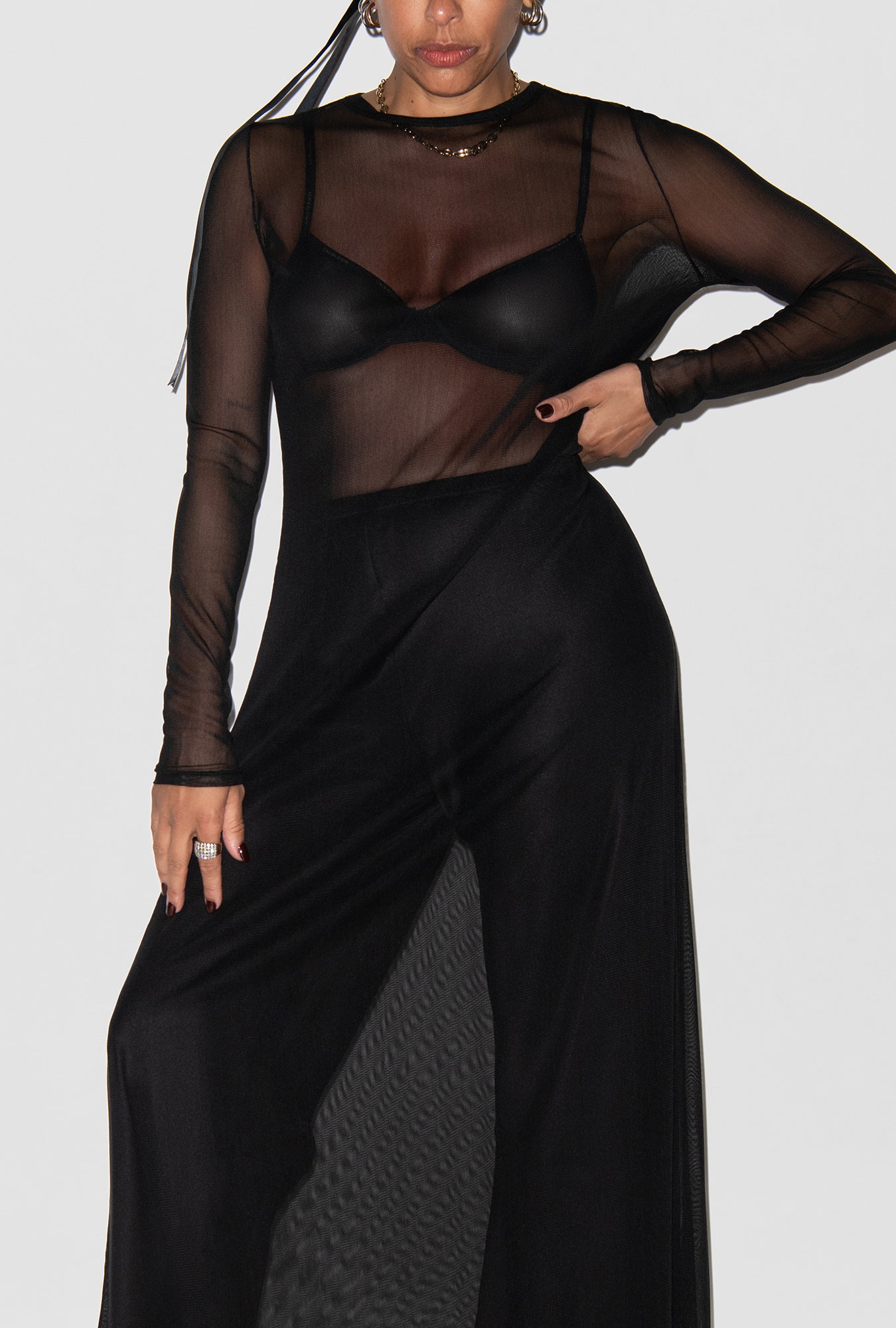 MESH LONG SLEEVE DRESS BLACK