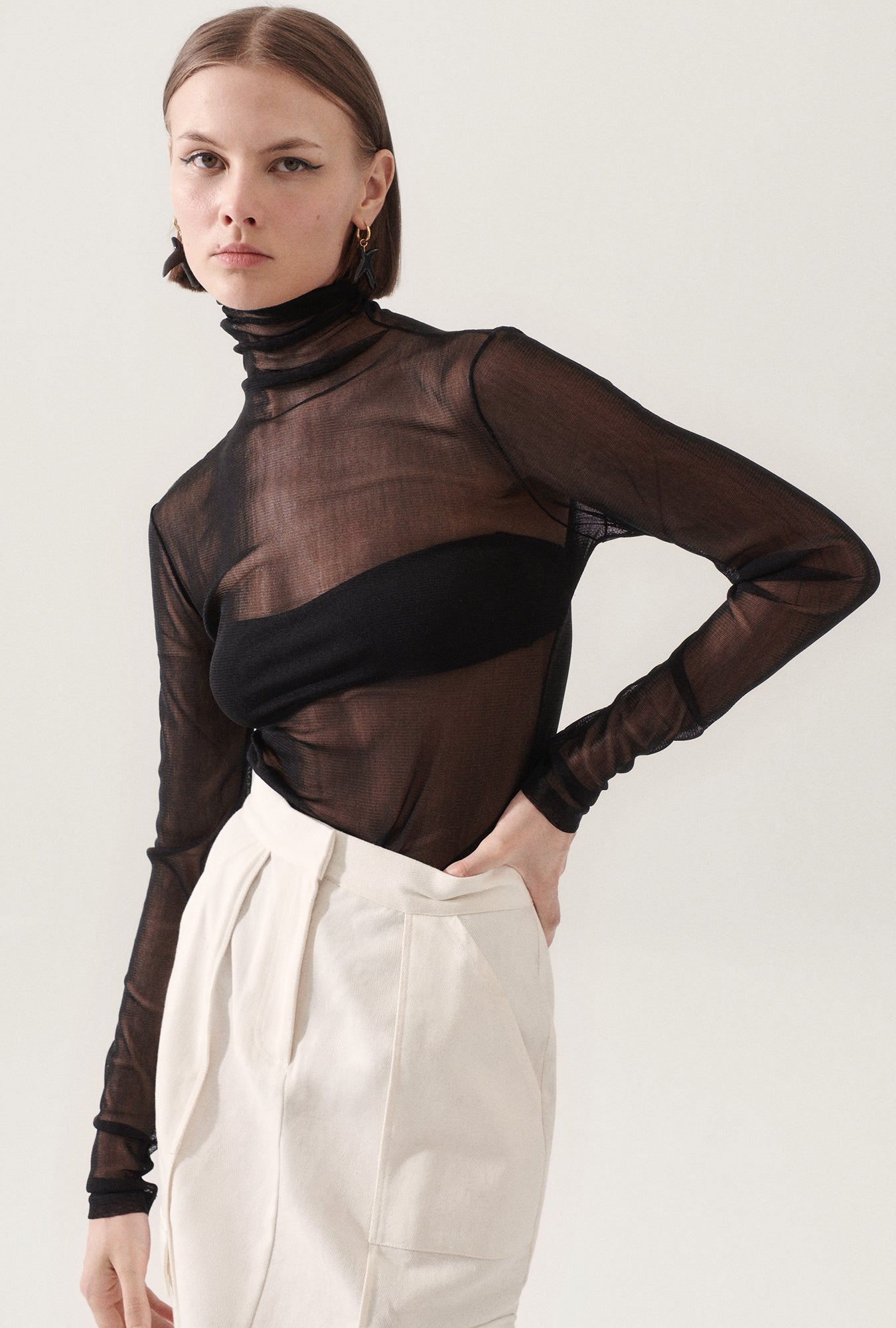 Mesh fashion long sleeve turtleneck