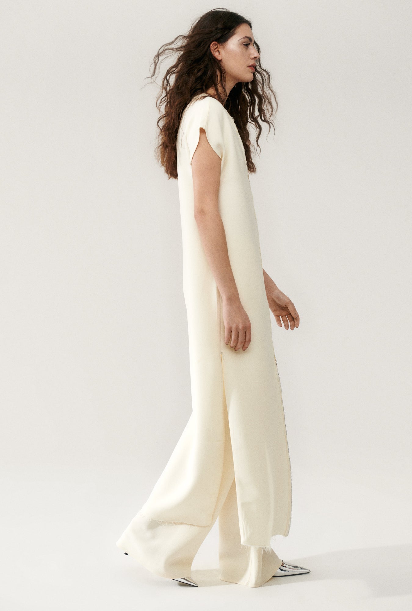 SILK WOOL LONG LOOSE DRESS CREAM